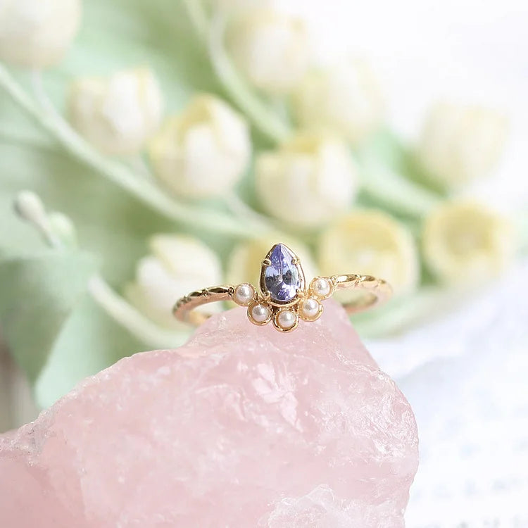 S925 Sapphire Pearl Teardrop Double Layer Ring