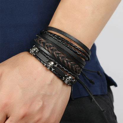 Set of Five Vintage Woven Layered Leather Bracelets