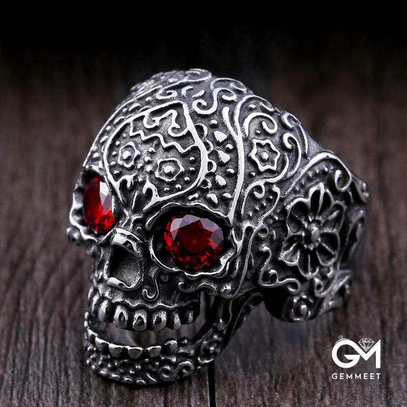 Titanium Steel Inlaid with Zircon Carved Skull Ring