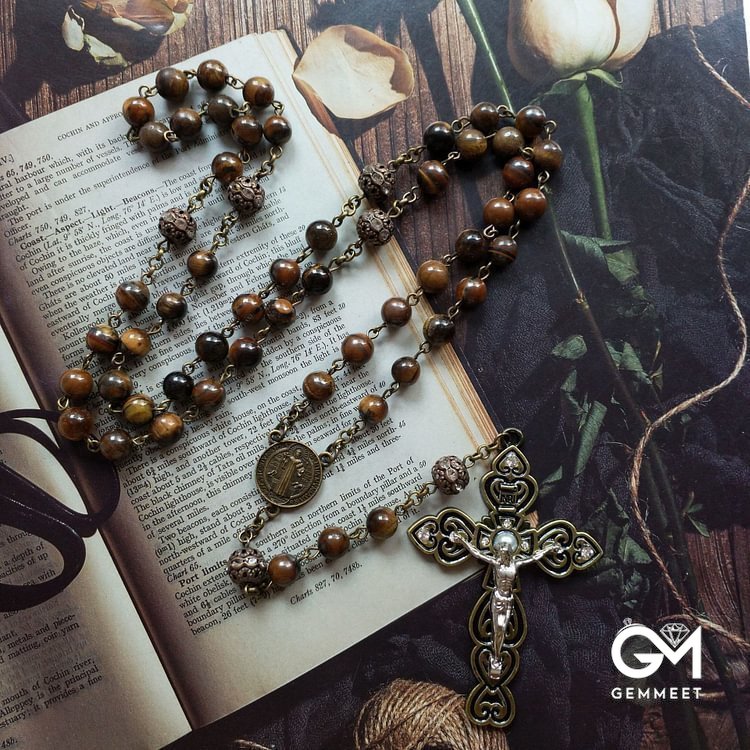 Grade A Tiger Eye Cross Pendant Rosary Necklace