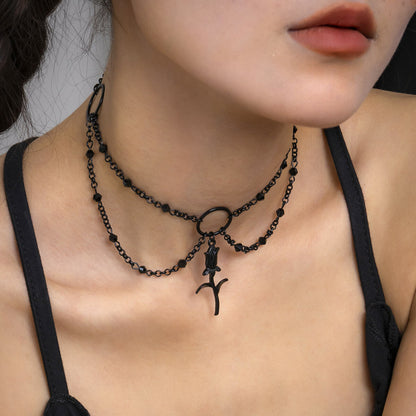 Halloween Imitation Crystal Tassel Necklace Retro Simple Black Rose Clavicle Chain