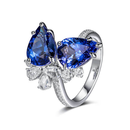 New Temperament Light Luxury Double Diamond Tanzanite Blue Water Drop Pear-shaped Simulation Sapphire Color Treasure Ring