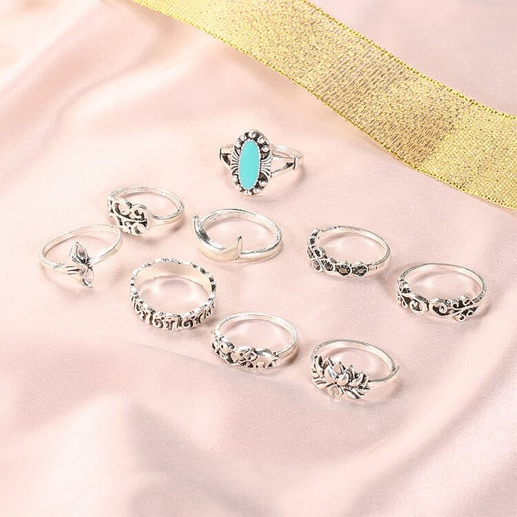 Turquoise Lotus Symbol Ring Set