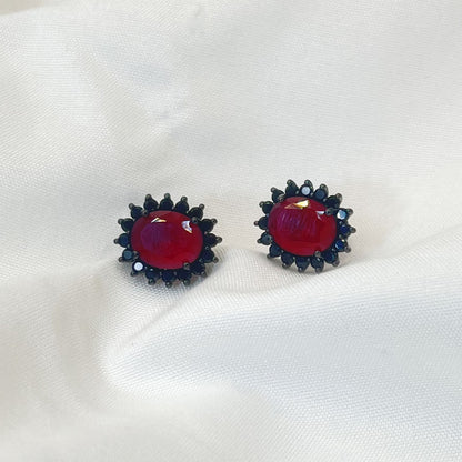 Black Flower Shape Inlaid Red Zircon Earrings