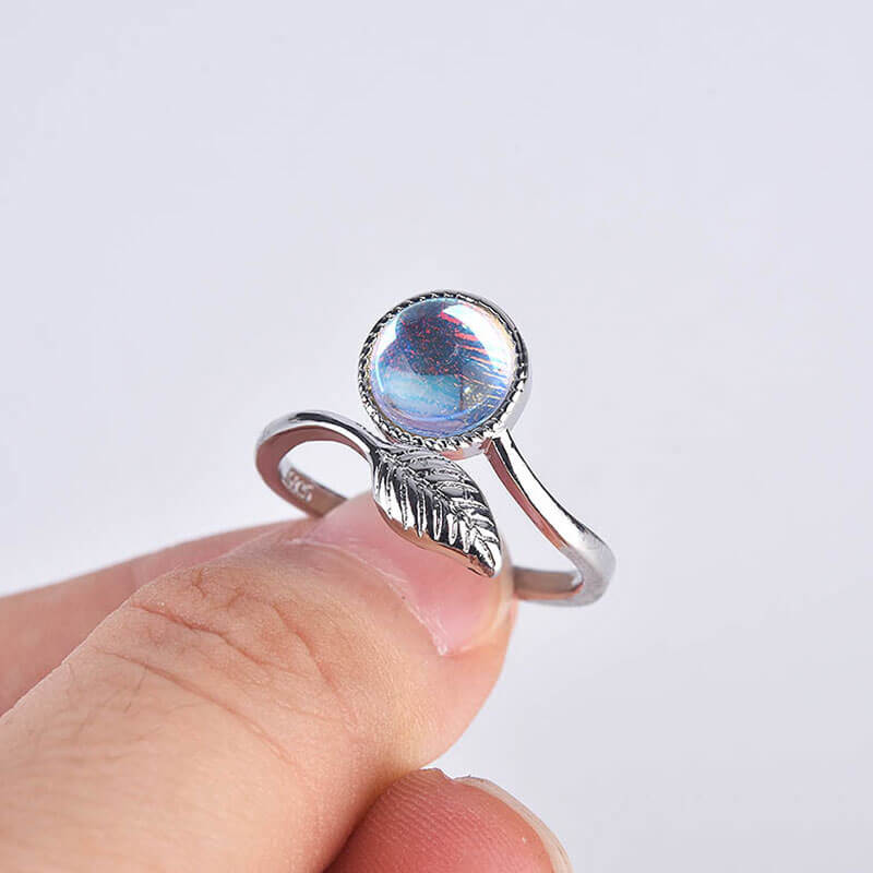 White Gold Leaf Moonstone Adjustable Ring