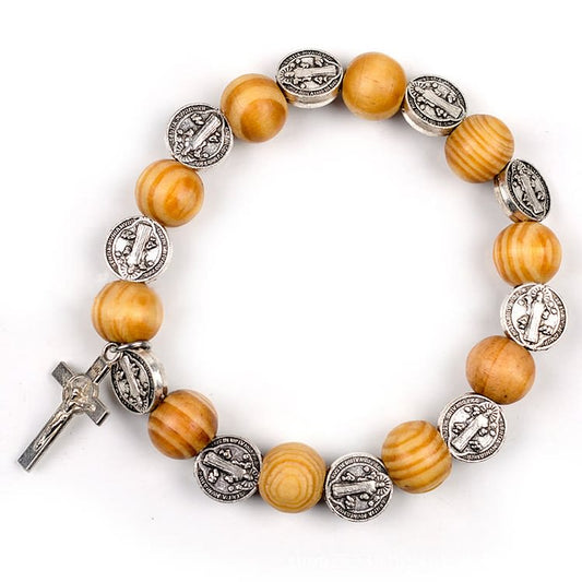 Natural Wood Stretch Cord Alloy Cross Rosary Bracelet