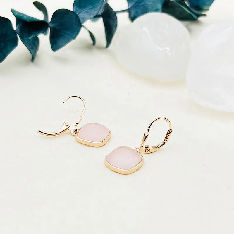 Square Pink Gem Rose Gold Dangle Earrings