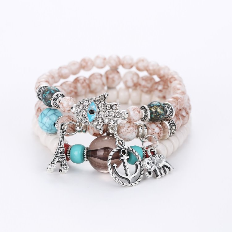 Elephant Tower Evil Eye Hamsa Bracelet Set