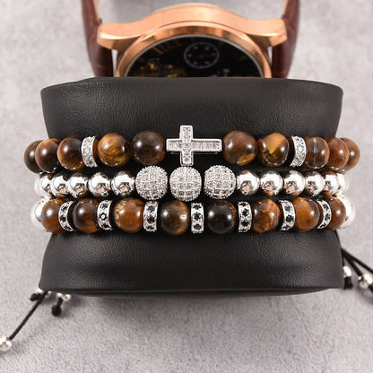 3Pcs/Set Tiger Eye Stone Beaded Men Cross Bracelet