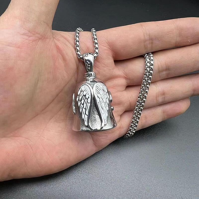 New Motorcycle Style Jewelry Titanium Steel Retro Polished Angel White Wings Lucky Exorcist Bell Pendant