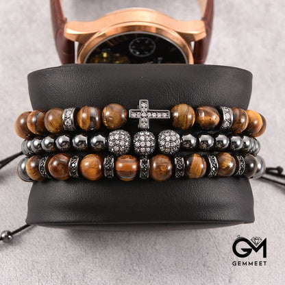 3Pcs/Set Tiger Eye Stone Beaded Men Cross Bracelet