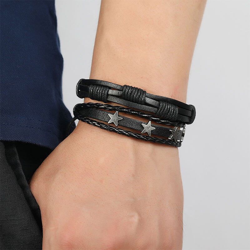 Set of Five Vintage Woven Layered Leather Bracelets