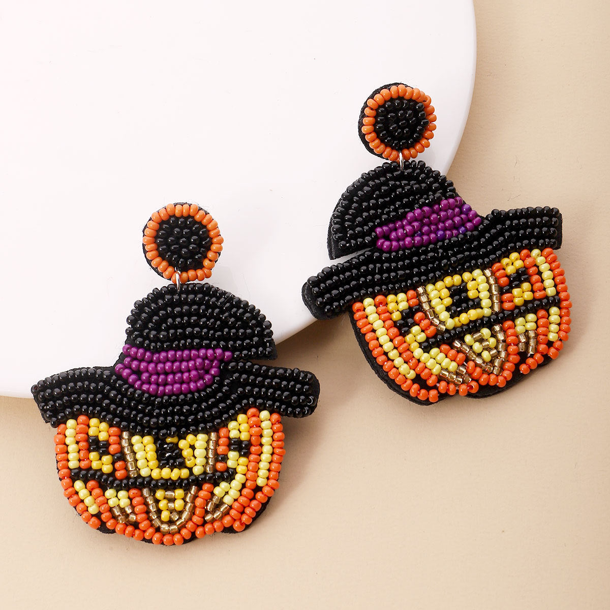 Halloween Pumpkin Head Magic Hat Hand Stitched Rice Bead Earrings