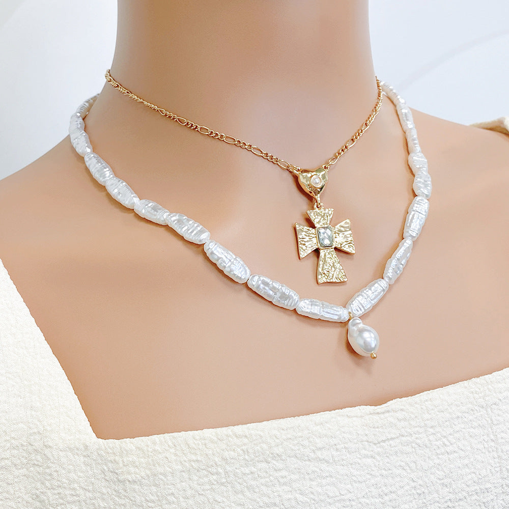 Two-tiered Pearl Beaded Cross Necklace