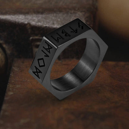 Viking Runes Hexagon Stainless Steel Geometric Ring