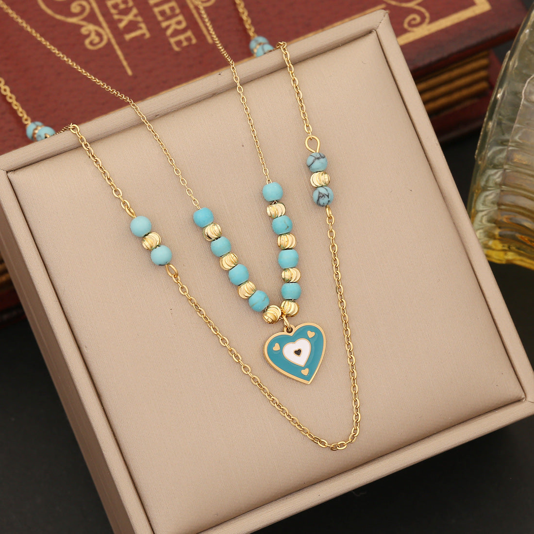 Color Bead Heart Evil Eye Pendant Bracelet Necklace & Earrings