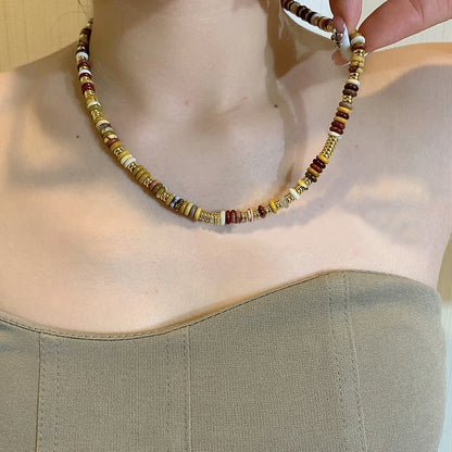 Sunset Frisbee Beaded Natural Agate Clavicle Necklace