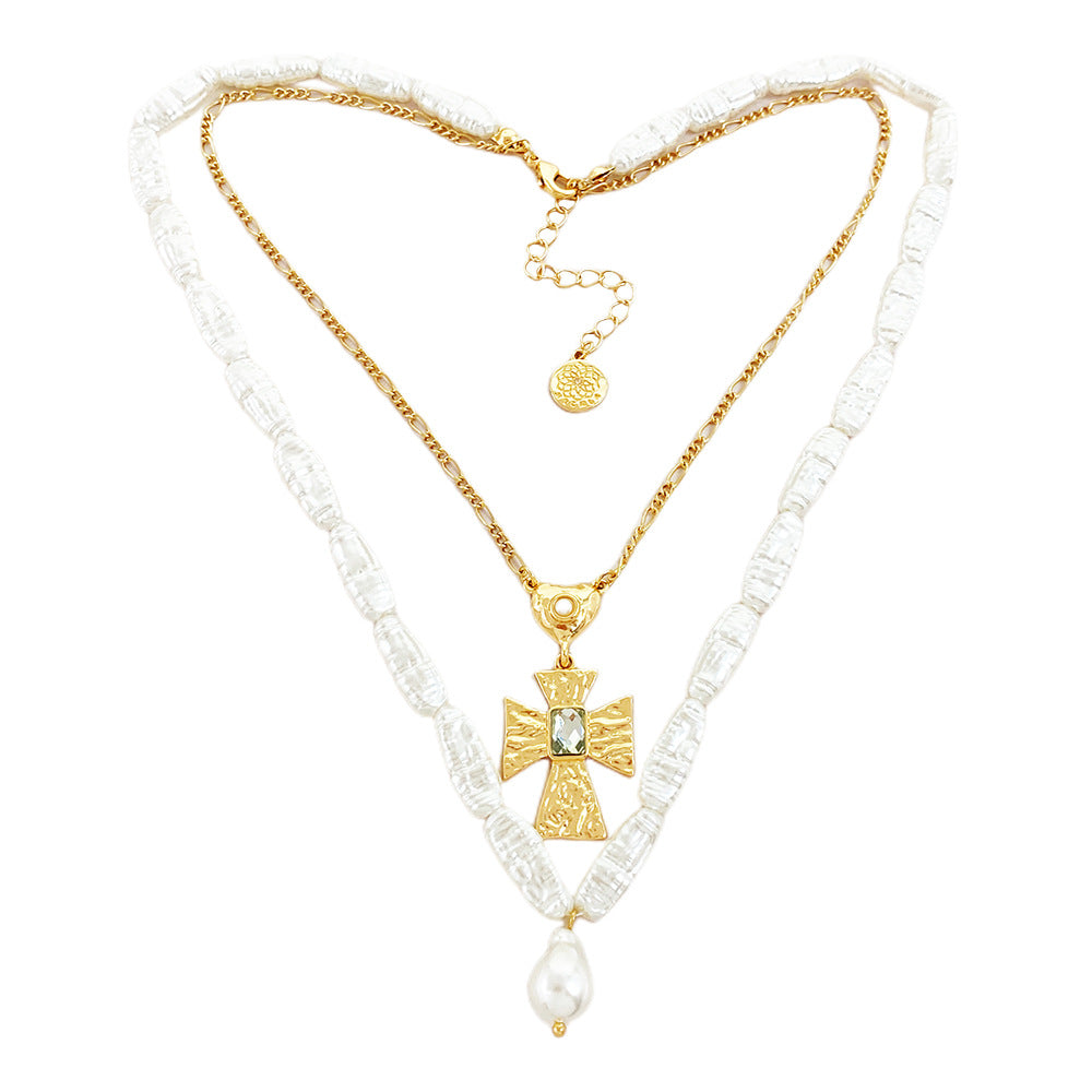 Two-tiered Pearl Beaded Cross Necklace