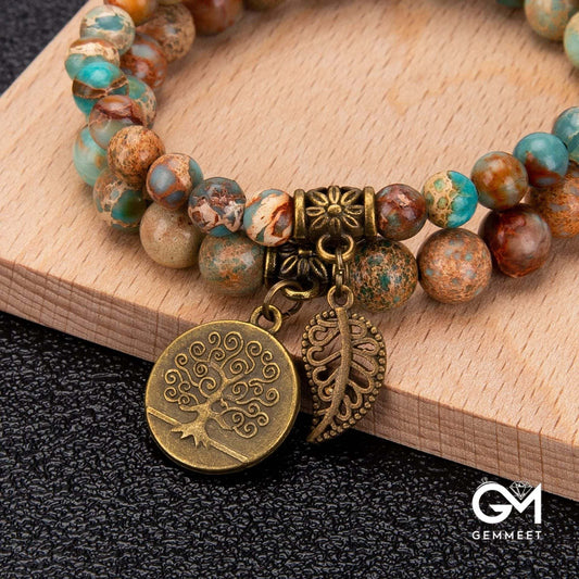 Life of Tree & Leaf Symbol Stone Bead Bracelet