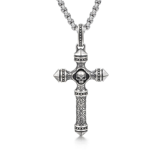 Sterling Silver Columnar Skull Cross Pendants Necklace