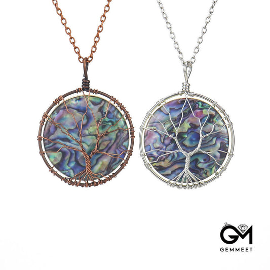 Synthetic Abalone Shell Tree of Life Disc Pendant Necklace