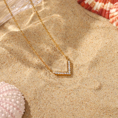 Stainless Steel Necklace V-shaped Micro-inset Zircon Pendant