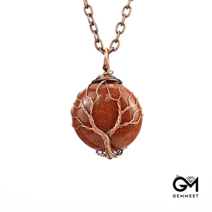 Crystal Circle Wrapped Tree of Life Pendant Necklace