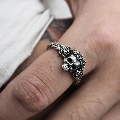 Black Rose Skull Adjustable Ring