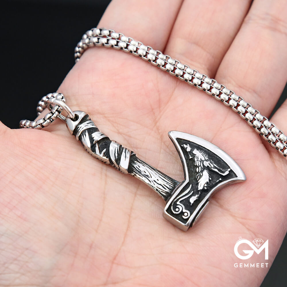 Viking Celtic Wolf Crow Double Axe Necklace