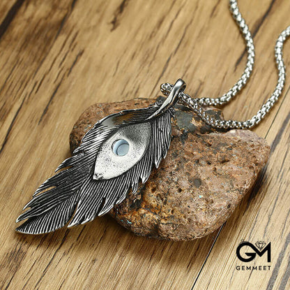 Stainless Steel Eye Feather Pendant Necklace