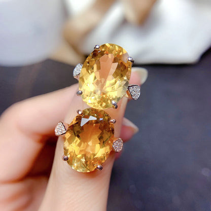 Brilliant Yellow Diamond Imitation Natural Citrine Ring Large Particle Color Treasure Ring for Women