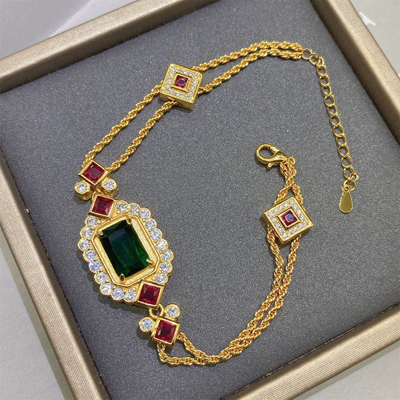 Inlaid Imitation Emerald Bracelet Double Chopin Chain Gold-plated Pigeon Blood Imitation Ruby Emerald Bracelet