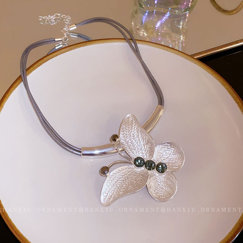 Zircon Leather Double Butterfly Necklace