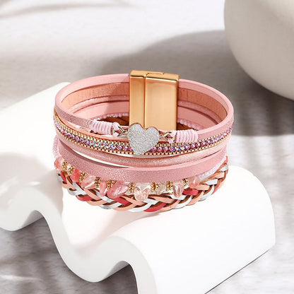 Natural Crystal Beaded Heart Charm Leather Bracelet