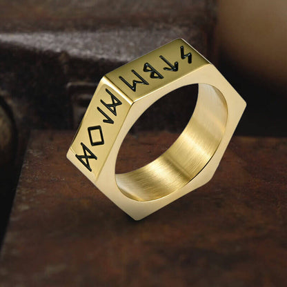 Viking Runes Hexagon Stainless Steel Geometric Ring