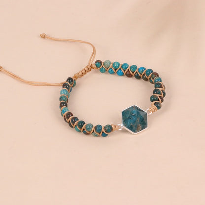 Double Woven Bracelet with Hexagonal Top Hanging Blue Shoushan Stone Bead