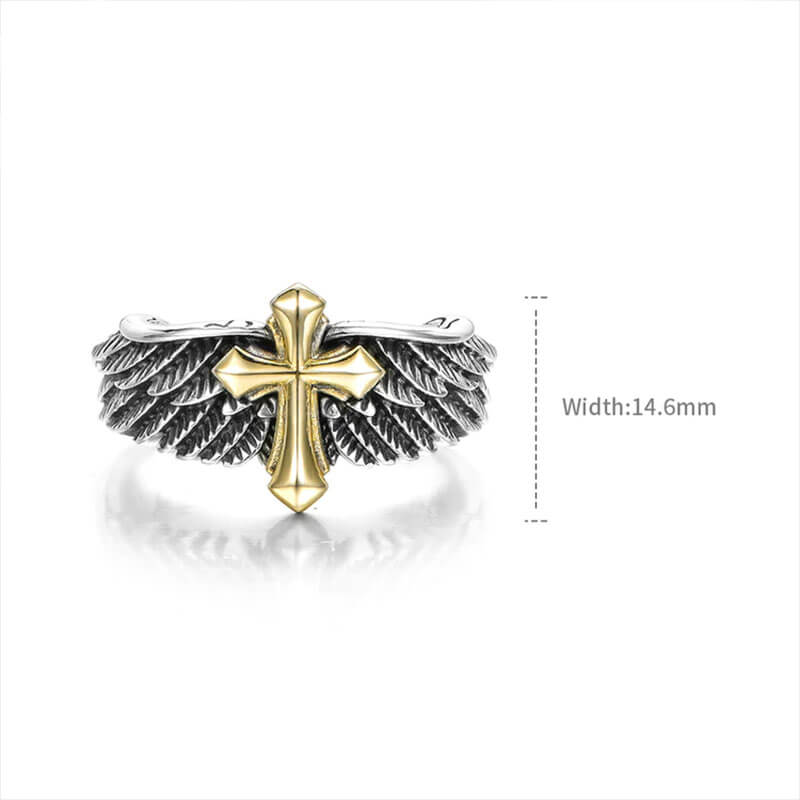 Vintage Men's Angel Feathered wings Cross Rings