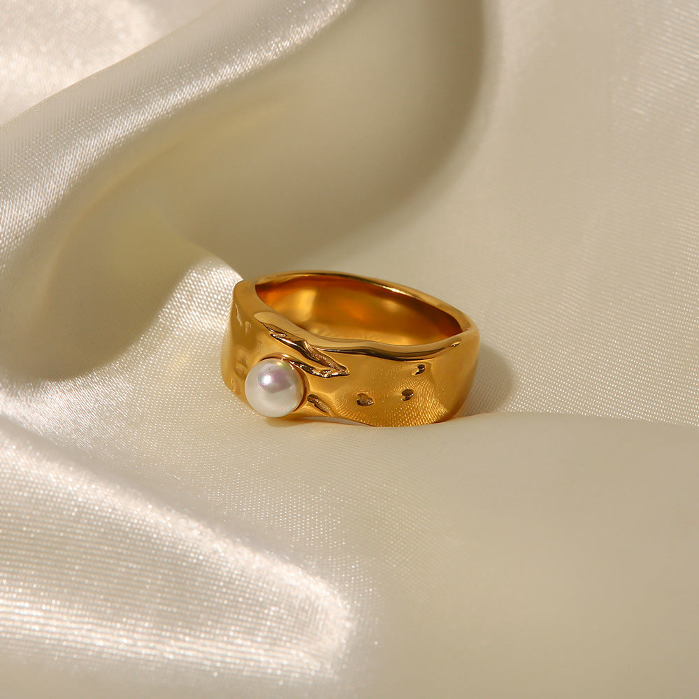 18K Gold Plated Stainless Steel Lava Pearl Ring