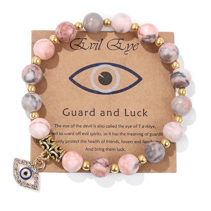 Blue Cat's Eye & Color Stone Bead Evil Eye Pendant Bracelet