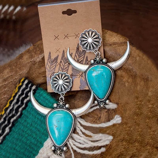 Bohemia Turquoise Bull Head Flower Earrings