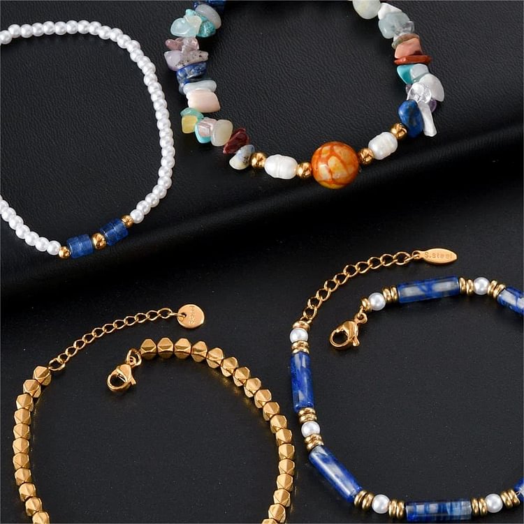 Natural Crystal Four Piece Beaded Bracelet Set