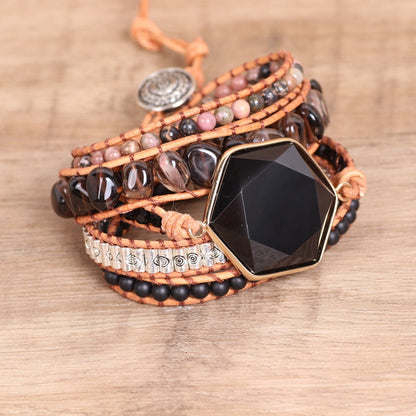 Bohemian Multi-Layered Decorative Hexagonal Obsidian Bracelet