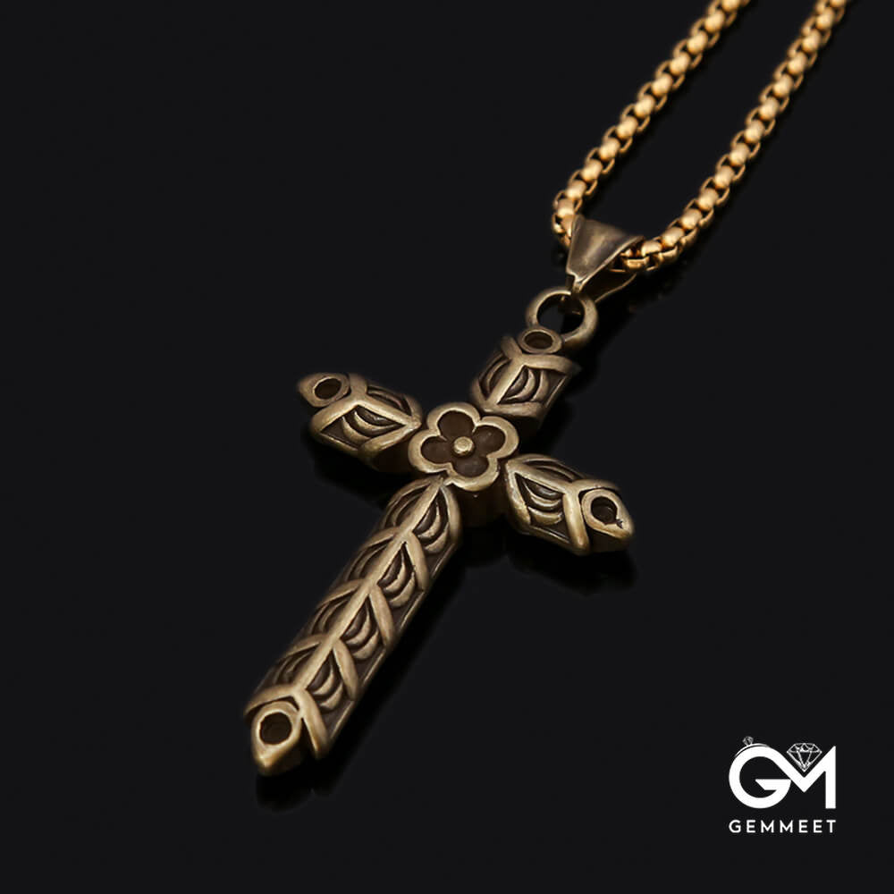 Vintage Stainless Steel Cross Flower Pendant Necklace