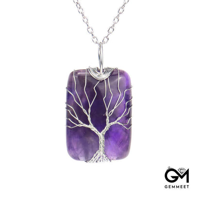 Hand Wound Crystal Cuboid Tree of Life Pendant Necklace