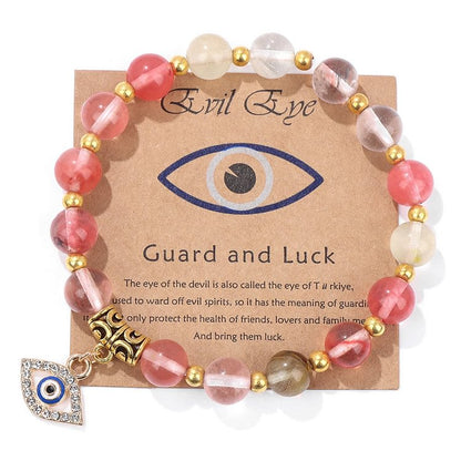 Pink Opal & Color Stone Bead Evil Eye Pendant Bracelet