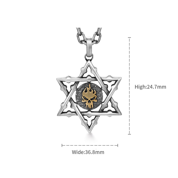 Sterling Silver Golden Skull Hexagram Pendants Necklace