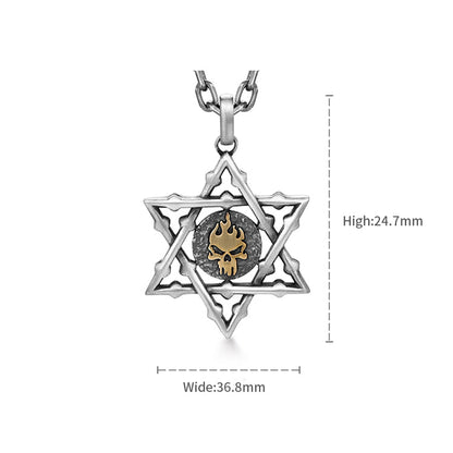 Sterling Silver Golden Skull Hexagram Pendants Necklace