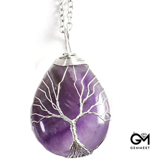 Wrap Silk Tree of Life Amethyst Drop Necklace