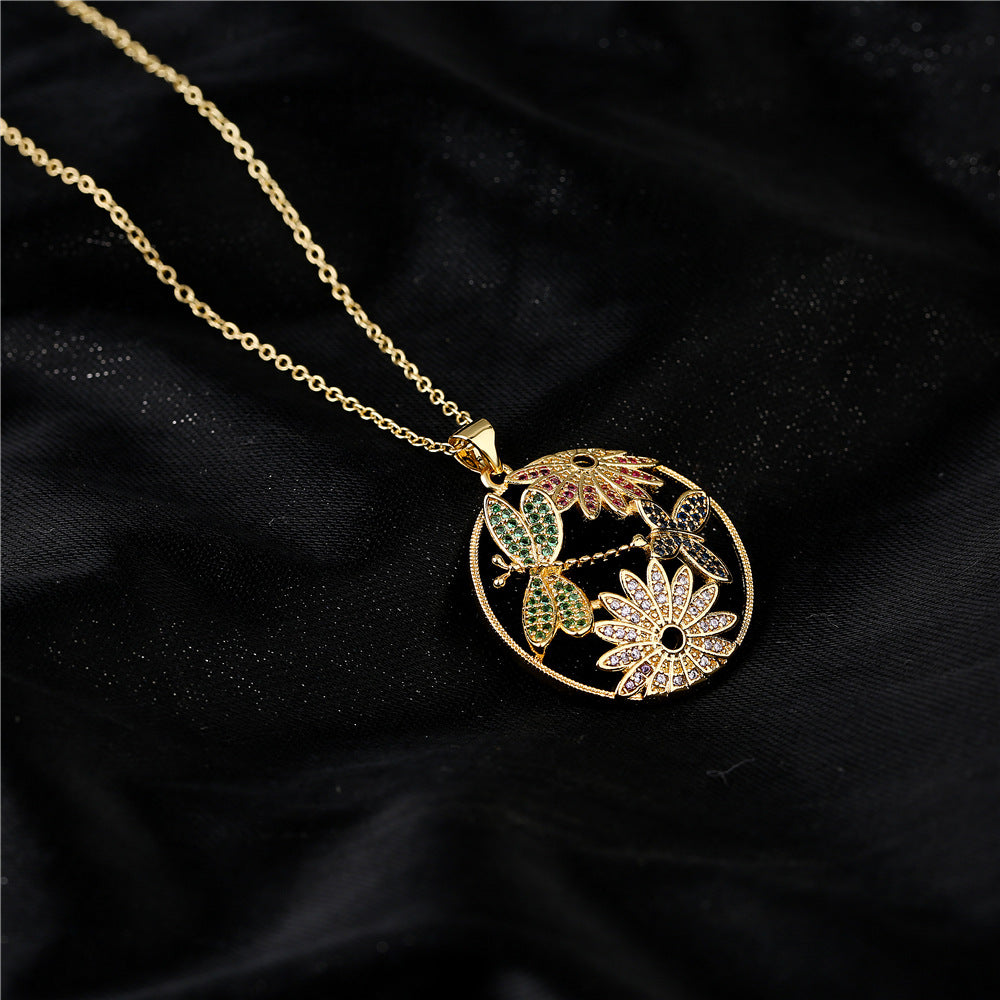 Hollow Dragonfly & Flower Totem Pendant Necklace