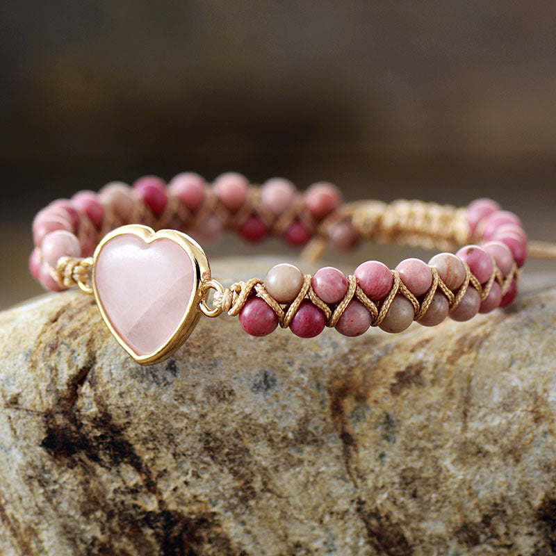 Heart Shape Rose Quartz Natural Stone Beaded Bracelet